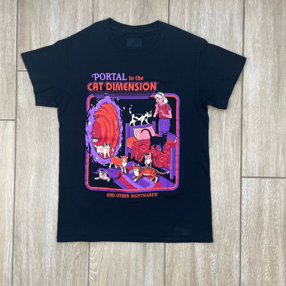 Steven Rhodes Portal To The Cat Dimension Tee Mens S Black Graphic T Shirt Cats